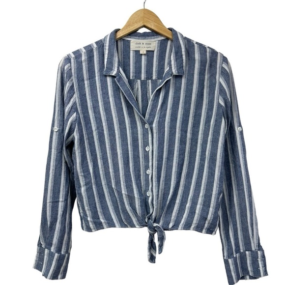 Cloth & Stone Striped Linen Tie Waist Long Sleeve Blouse, Small - Picture 1 of 7